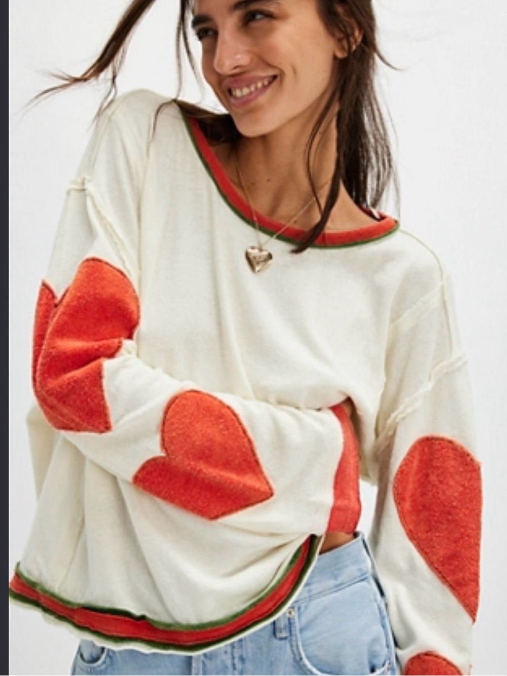 Free People Dupe Cream lightweight knit Red Heart Appliqués and Contrast Trim